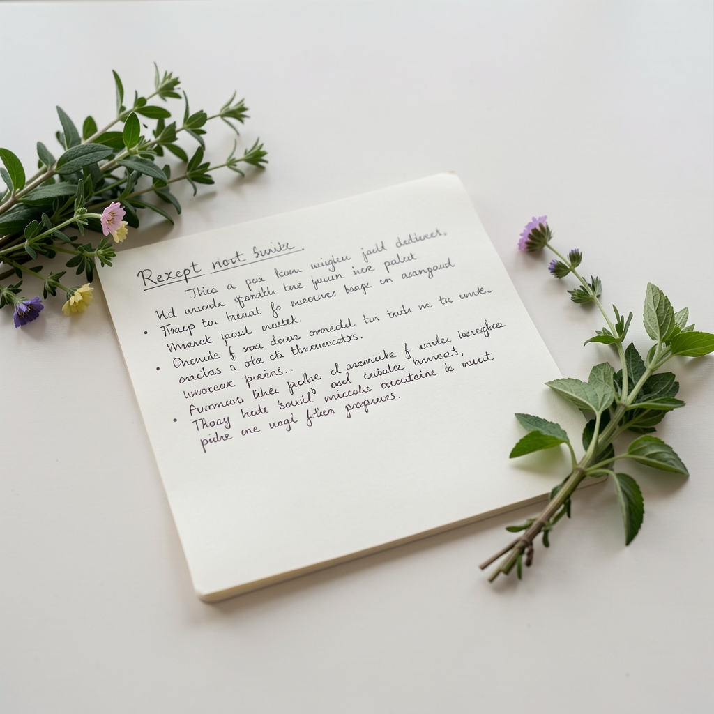 Offenes Notizbuch mit handgeschriebenen Rezeptnotizen und frischen Kräutern daneben auf hellem Tisch